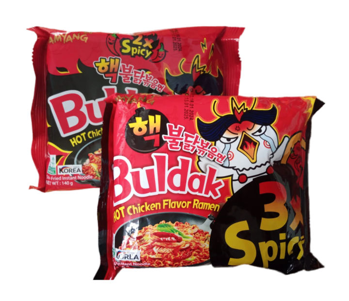 Samyang Pack of 2 Spicy Combo RED (2X+3X) 2 Pieces, Red 3X Spicy+Red 2X Spicy 270 grams Instant Noodles Korean Ramen Imported Noodles Hot Chicken Flavor Ramen