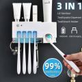 UV Toothbrush Sterilizer/Rechargeable Solar Power LED Disinfection Wall Mounted Toothbrush Holder for Bathroom with Automatic Toothpaste Dispenser , 4 Toothbrush Holder ,1 Shave (White. 