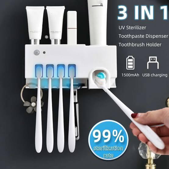 UV Toothbrush Sterilizer/Rechargeable Solar Power LED Disinfection Wall Mounted Toothbrush Holder for Bathroom with Automatic Toothpaste Dispenser , 4 Toothbrush Holder ,1 Shave (White