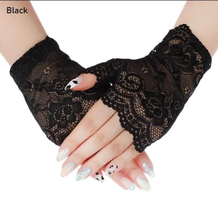 Fingerless Women Lace Gloves Black Ladies Half Finger Fishnet Gloves Sunscreen Mesh Glove