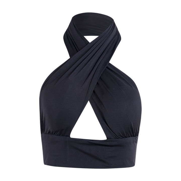 Women Strappy Cross Over Front Cut Out Halter Neck Sleeveless Backless Crop Top Bandage Vest Summer Tops Woman Clothes S-XL
