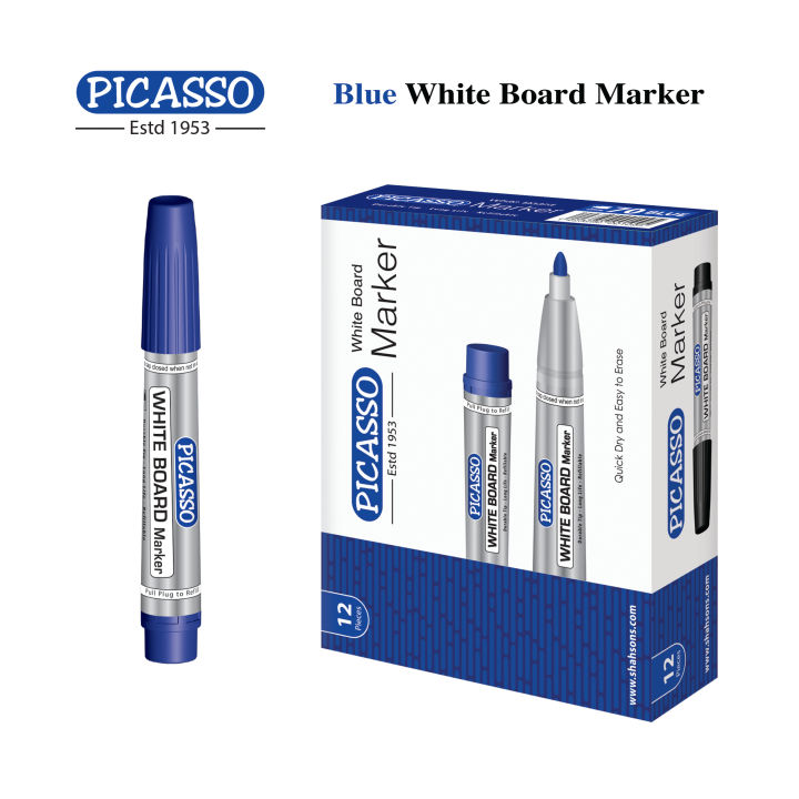 Picasso High Quality White Board Marker 12 Pcs in Cardboard Box - Available in 4 Ink Colours Blue, Black Red and Green
