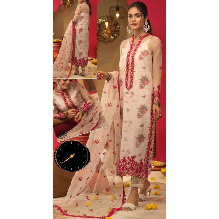 BRAND... MATER0 **  FABRIC (SHIRT)..... ORGANZA (DUPATTA)....ORGANZA (TROUSER)....SILK  (INNER)....SILK   **  FRONT ✔️ Heavy Embroidered ** BY BANO COLLECTIONS**