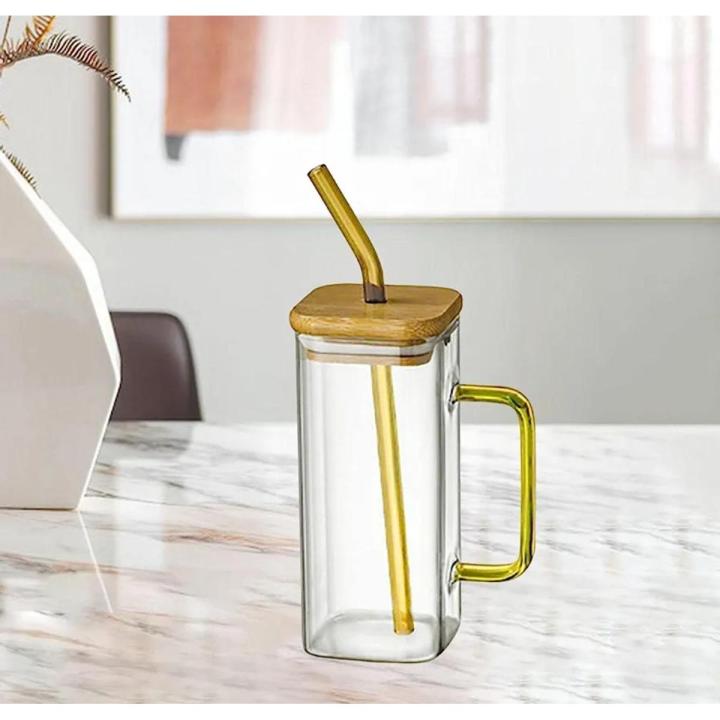 Square Glass Mug 400ml With Lid and Straw Breakfast Milk Cup Microwave Safe Transparent Coffee Mug Drinkware Glass
