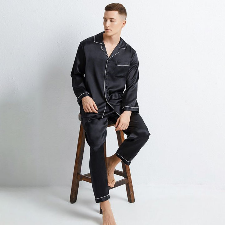 Black%20Mens%20Silk%20Satin%20Pajamas%20Set%20Night%20Dress%20with%20Shirt%20and%20Trouser%20(Complete%20Sleeping%20Suit)%20For%20Men%20-%20Image%203