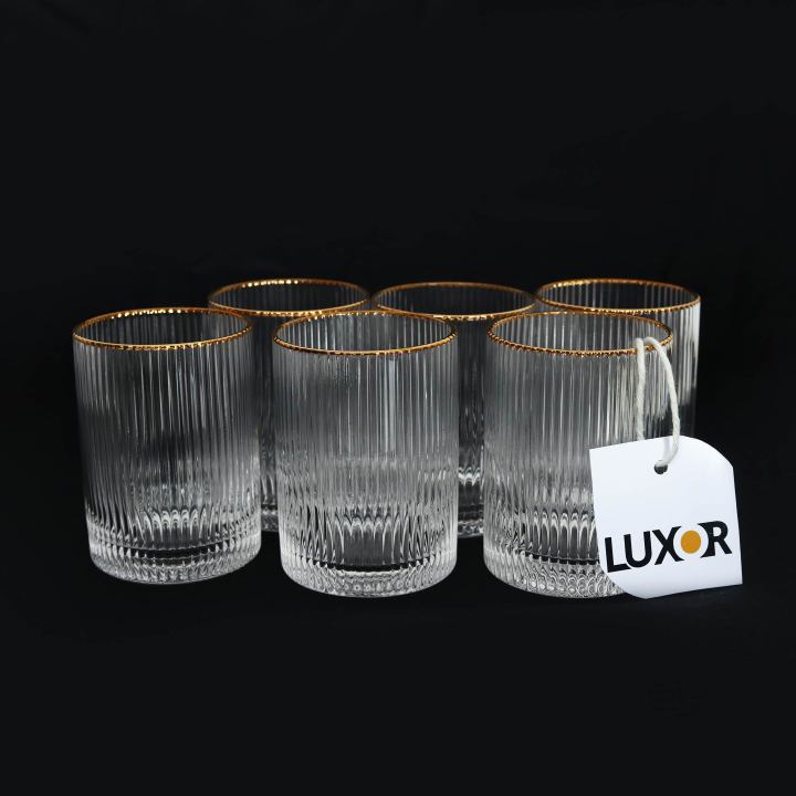 Drinkware Glass Set of 6 pcs – Ridged Stripe Gold Rim Glassware set