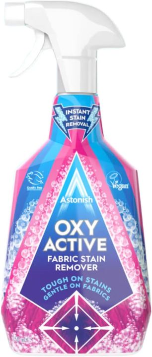 ASTONISH Oxy Active Fabric Stain Remover Spray – 750 ml Pink Blossom – Powerful Oxygen-Based Cleaner for Clothes, Upholstery & Carpets, Bleach-Free & Safe on Colors & Whites, Vegan & Cruelty-Free, Removes Stains Instantly