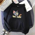 Black Tom And Jerry Fleece Full Sleeves Pull Over Hoodie For Women - Stay Cozy With Tom And Jerry - High Quality Fabric. 