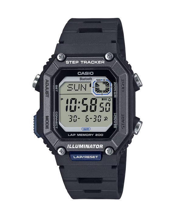 Casio General Standard Mens Black Resin Case Square Digital Bluetooth, World Time, Stop Watch, Step Tracker, Timer, Alarm, Calendar, Multi-Function Black Resin Band Watch-WS-B1000-1AVDF