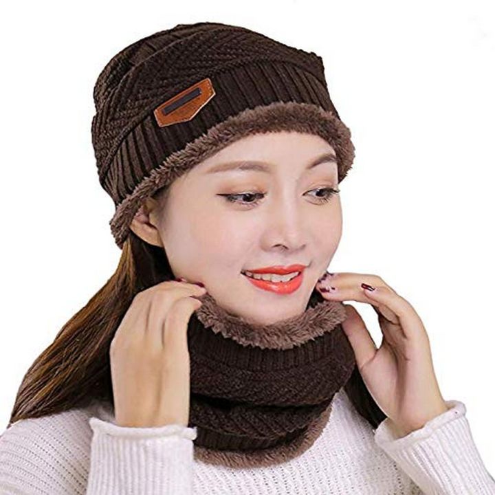Winter Knit Hats Beanie Hat Warm Cap Scarf Set Warm Skull Cap Neck Warmer with Thick Fleece Lined 2-Piece Hat Scarf Set