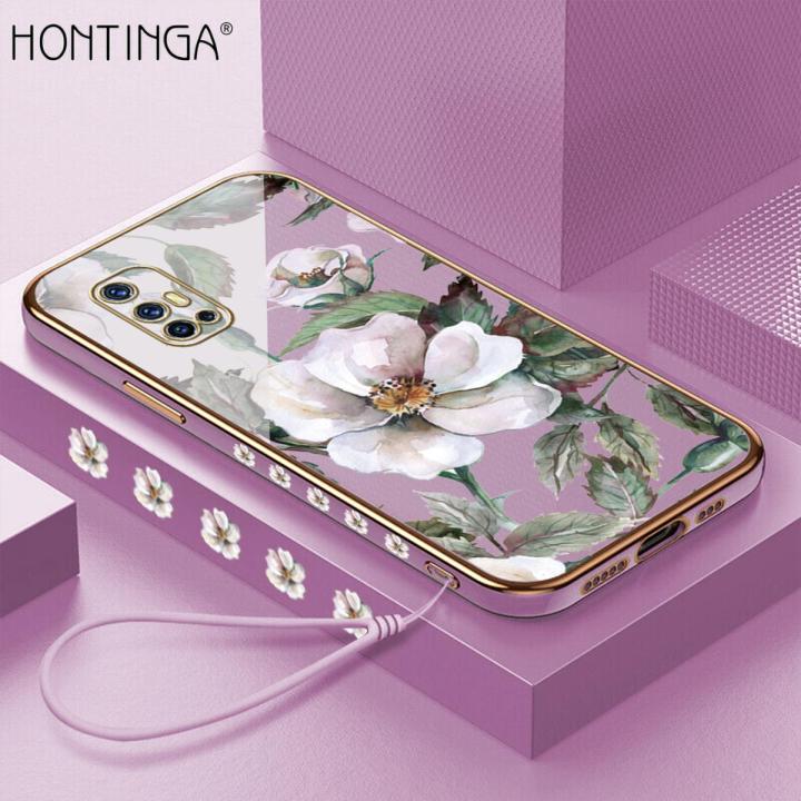 Hontinga for Vivo V17 Back Cover With Lanyard Luxury 6D Plating Shiny Flower Case Soft Silicone Square Mobile Cover