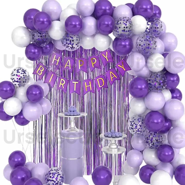 Purple Happy Birthday Theme  Set ( Purple Happy Birthday Banner + 30 Latex Balloons + 5 Confetti Balloons + 1 pc Curtain) purple decoration set for girls and kids , unique birthday theme set , purple balloons