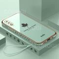 For Samsung Galaxy A7 2018 Cover + Wrist Strap Fashion Shiny Maple leaf Plating Square Bumper Phone Case Soft TPU Silicone Shockproof Protective Back Cover. 