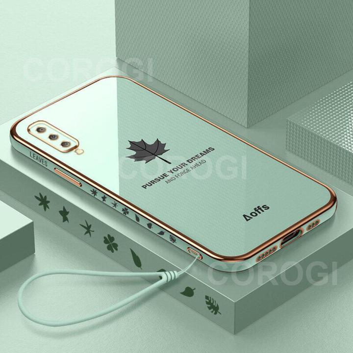 For Samsung Galaxy A7 2018 Cover + Wrist Strap Fashion Shiny Maple leaf Plating Square Bumper Phone Case Soft TPU Silicone Shockproof Protective Back Cover