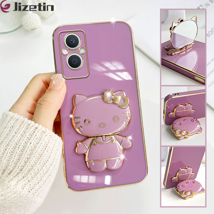 Jizetin for OPPO Reno7 Z 5G / F21 Pro 5G / Reno8 Z 5G Back Cover + Mirror + Hello Kitty Bracket 360 Rotation Luxury Plating Fashion Holder Phone Cases