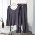 Grey with Pink Lace Round Neck Full Sleeves Night Suit. 