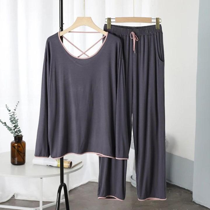 Grey with Pink Lace Round Neck Full Sleeves Night Suit