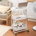 Kitchen Storage Trolley 3-Tier Metal Table Top Serving Rolling Cart, Mobile Rack Organizer with Locking Wheels, Standing Shelf Laptop Desk for Kitchen Home Office. 
