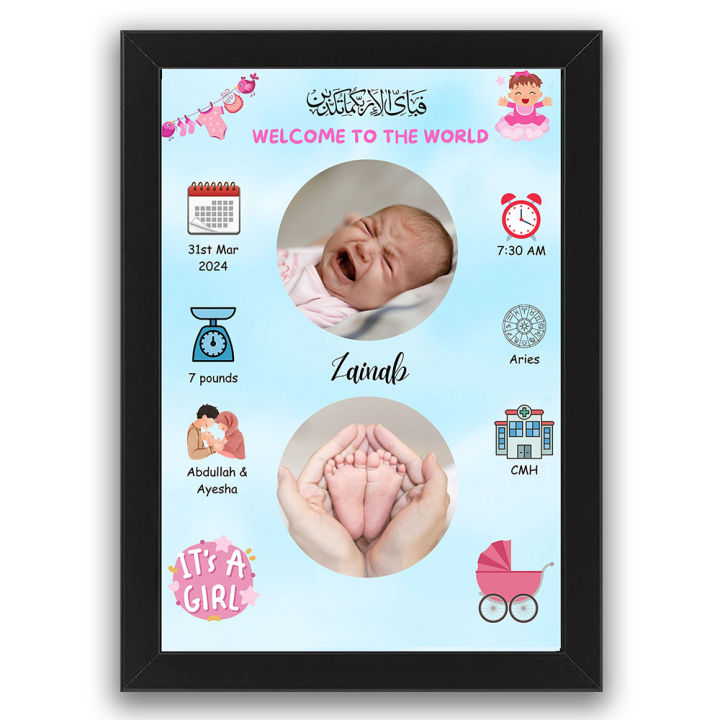 Customized It's a Girl Newborn Baby Photo Frame with Personalized Details Ideal Gift for Birthdays, Friends, and Special Occasions (Wall and Table Frame)