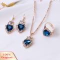 Women Heart Shape Rhinestone Pendant Necklace Lever Back Earrings Ring Jewelry. 