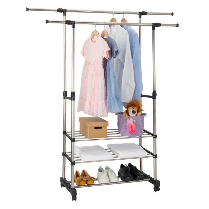 Multipurpose & Adjustable Stainless Steel Double Pole Cloth Hanger with 3 shelves for Floor Type Clothes Hanging & Drying purpose for Laundry & Bedroom | Stainless Steel | Single Pole or Double Pole