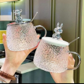 Heat resistant glass Diamond mug water coffee office household tea cup with rabbit lid and spoon. 