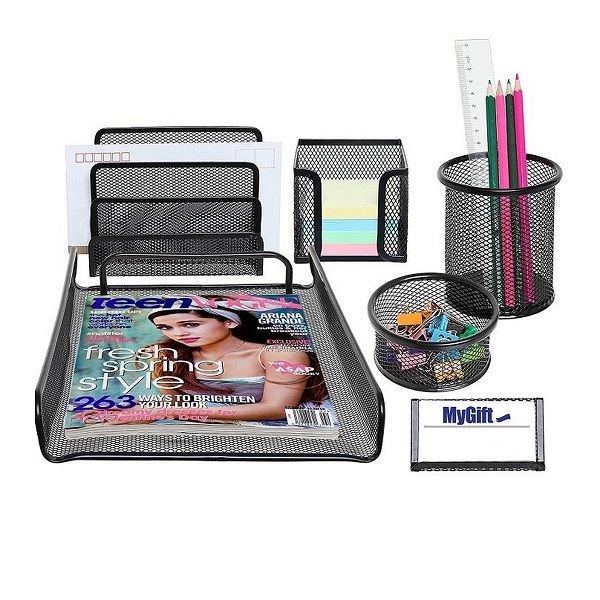 6in1 Desk Organizer Table Set Pen Stationery Holder Stand & Letter Tray story Tier Metal Mesh
