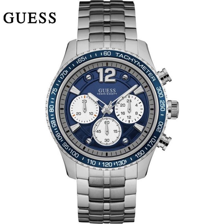 Guess Fleet Blue Dial Silver Stainless Steel Chronograph Watch For Men-W0969G1