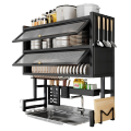 Double Cabinet Dish Drying Rack Over Sink | Modern Steel Kitchen Dish Drying Storage Organizer Stand with Cover | Kitchen Sink Cabinet Drain Shelf for Plates Bowls Utensils Cleaning Tools. 