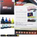 Pack of 4 Eco Tone Refilling ink Black (K), Blue (C), Red (M), Yellow (Y) Colour 100ml Botels for all inkjet printers cartridges. 