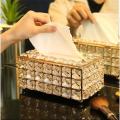 Luxury Tissue Box Rectangular Beaded Metal Paper Acrylic Tissue Box Golden Fancy Box. 