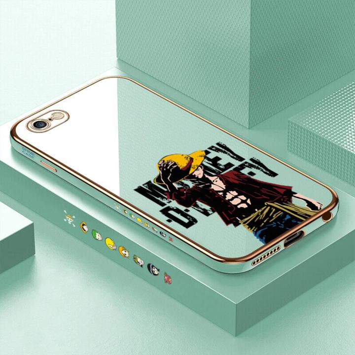 Luxury 6D Plating Case for iPhone 6S Anime Cartoon Cool Luffy Side Pattern Back Cover Soft Silicone Square Frame Shiny Bling Phone Cases + Free Lanyard