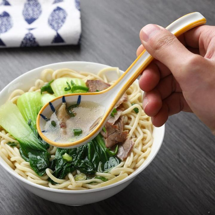 Ceramics Long Handle Soup Spoons for Pho Ramen Noodles Wonton Rice
