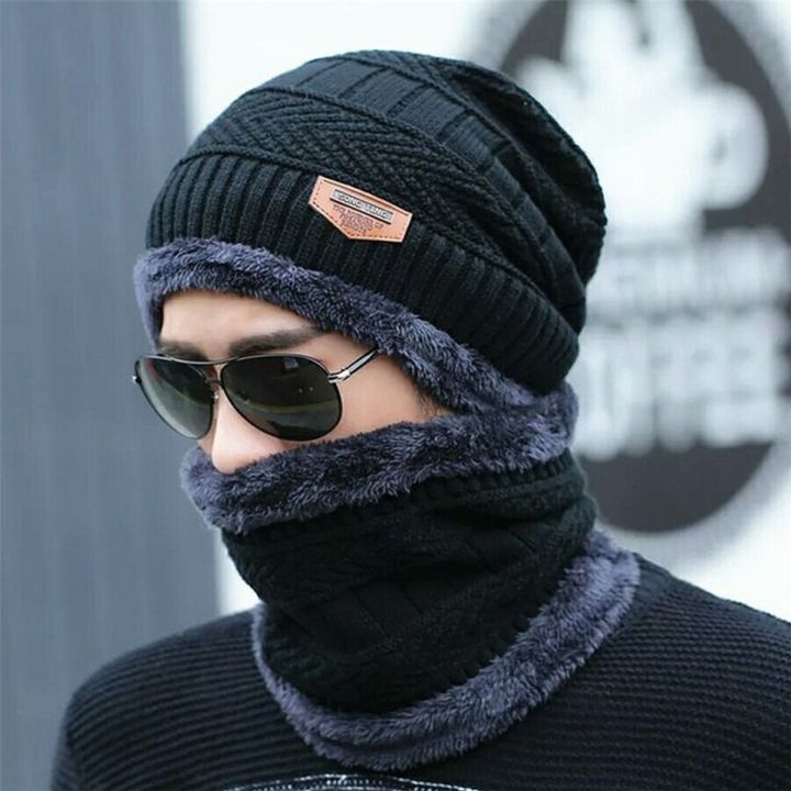 Winter Beanie Hat Cap Neck Warmer Scarf Set Fleece Lined Skull Cap and Scarf Unisex Hat & Scarf Set Stylish Knit Skull Cap for Men Women