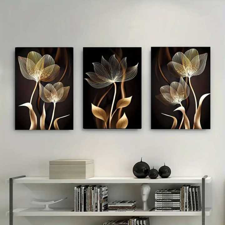 Golden Abstract Floral Wall Art Set – 3 Piece Modern Flower Painting ...