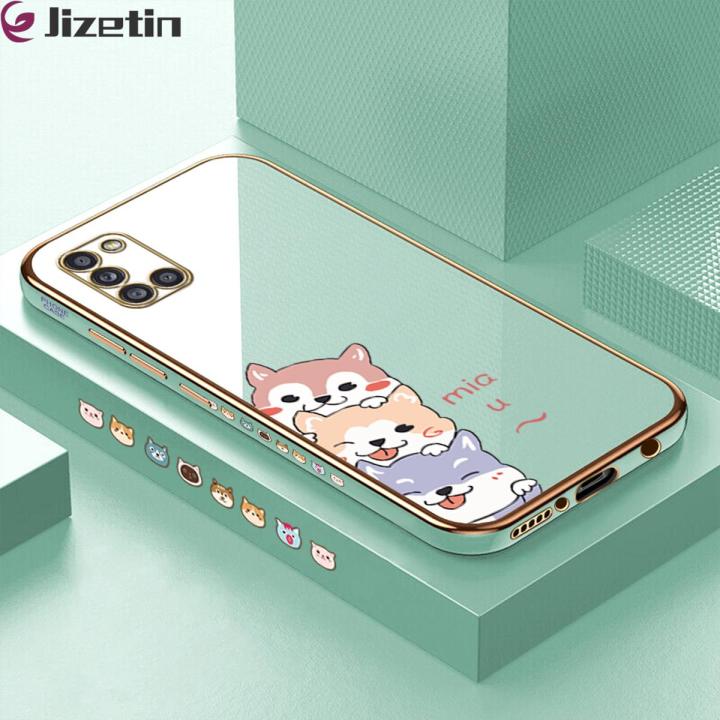 Jizetin (Free Lanyard) for Samsung A31 Back Cover Cute Dogs Luxury 6D Plating Case Side Pattern Soft Silicone Square Phone Cases