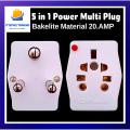 5 in 1 Multi Power 3 Pin Plug Socket, Power Multi Socket Plug Bakelite Material 20 Amp High Quality. 