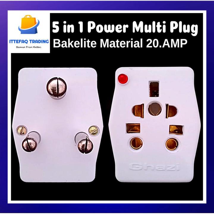 5 in 1 Multi Power 3 Pin Plug Socket, Power Multi Socket Plug Bakelite Material 20 Amp High Quality