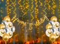 Fancy Golden Happy Birthday Buntings Banner With Fairy Light , Confity & Latex balloons With Golden Ribbon Roll. 