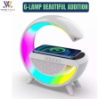 G Shape Smart Lamp - Multi-Functional Wireless Charger + Bluetooth Speaker - Digital Alarm Clock Speaker With LED display RGB Night light Table Lamp For Bed Room With 15W wireless Fast Charging. 