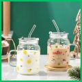 Glass tumbler Mug with lid and glass straw-Spill Proof with silicon protective Lid-Coffee, Milk glass Mugs-cute Juice glass mug. 