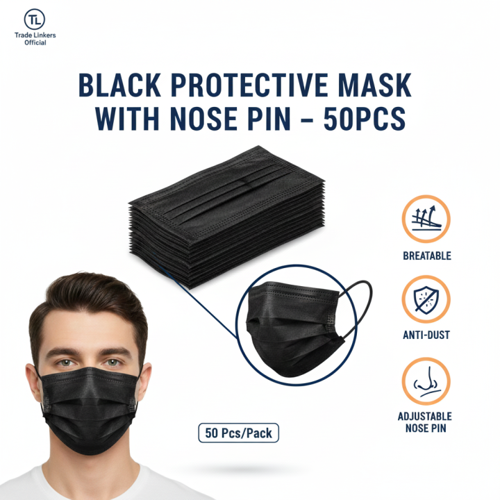 50pcs Disposable Black Face Masks | 3-Layer Medical Grade Surgical ...