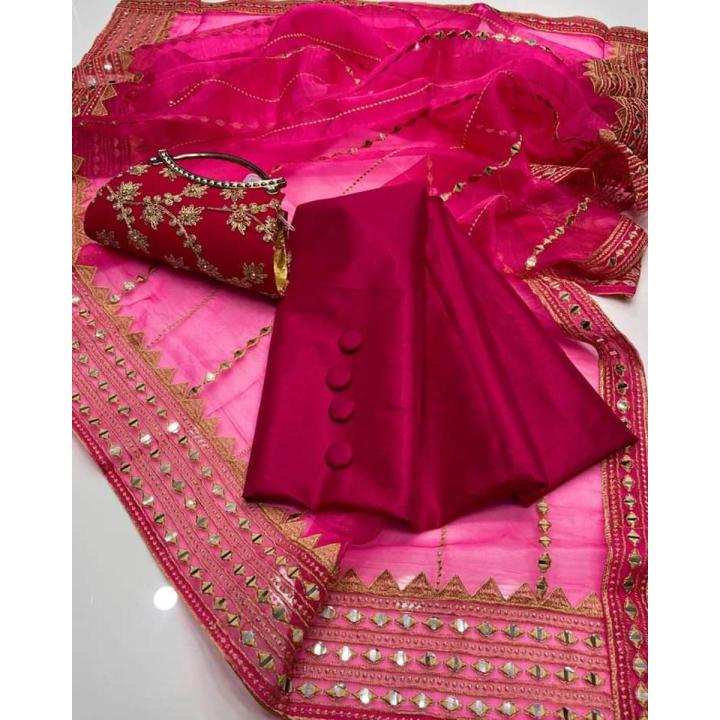 Mehndi Dress Katan Silk Shirt Katan Silk(2.5 Yard) Dupaata 9mm Organza(2.5 Yard) Trouser Katan Silk With Free Clutch (Multani Dress)