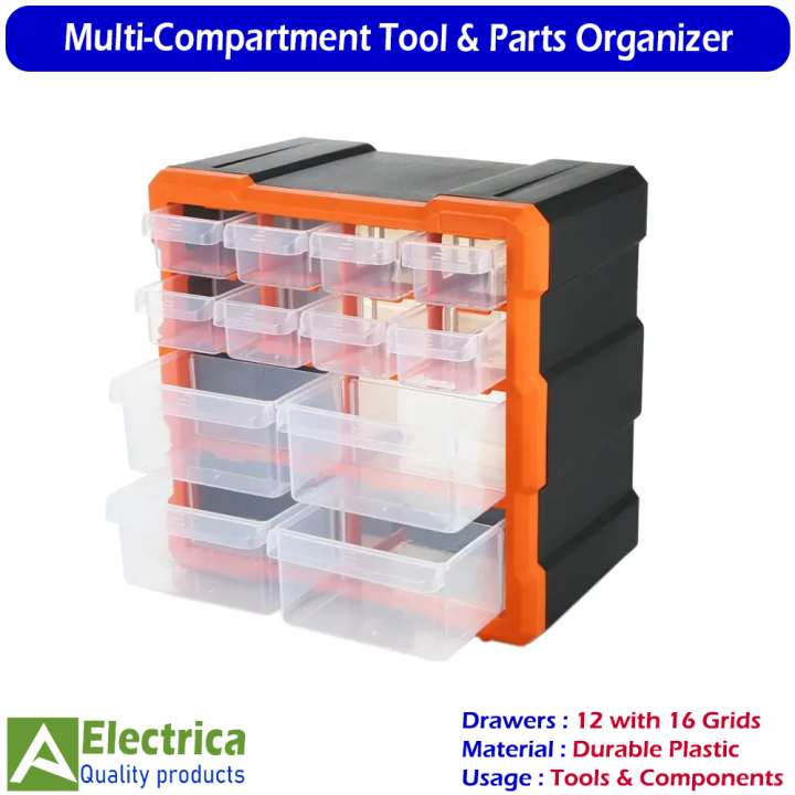 K521 Plastic Carry Tool Storage Cabinet with 12 Drawers & 16 Grid Compartments PP+PS Multi-Use Hardware Organizer Box for Tools, Craft & Components by Electrica