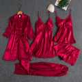 Flourish Undergarments 5 pcs Non Padded Silk Satin Pajama Set Cami Top Nightgown Sexy Nightwear Sleepwear Robe Sets Lace Nightdress  nighty. 