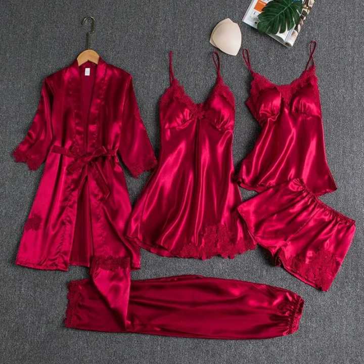 Flourish Undergarments 5 pcs Non Padded Silk Satin Pajama Set Cami Top Nightgown Sexy Nightwear Sleepwear Robe Sets Lace Nightdress  nighty