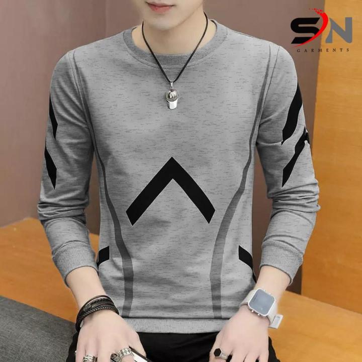 Grey Designer V Style Style Print T Shirt for Men Full Sleeve T Shirts for Men