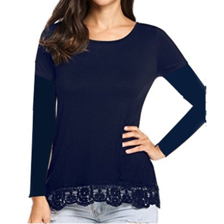 OUTAD Women Long Sleeve T Shirts Loose Tops Solid Lace Patchwork Blouse