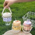 Imported Cute Girl Transparent Glass Heat Resistant Tumbler With Pearl Chain Sipper Glass Cup Portable Double Drinking Aesthetic Coffee Mug With Straw Gift For College Girls Teen hoho Mugs for Gift. 