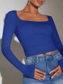 SQUARE NECKLINE LONG SLEEVE RUCHED SIDE CROP TEE. 